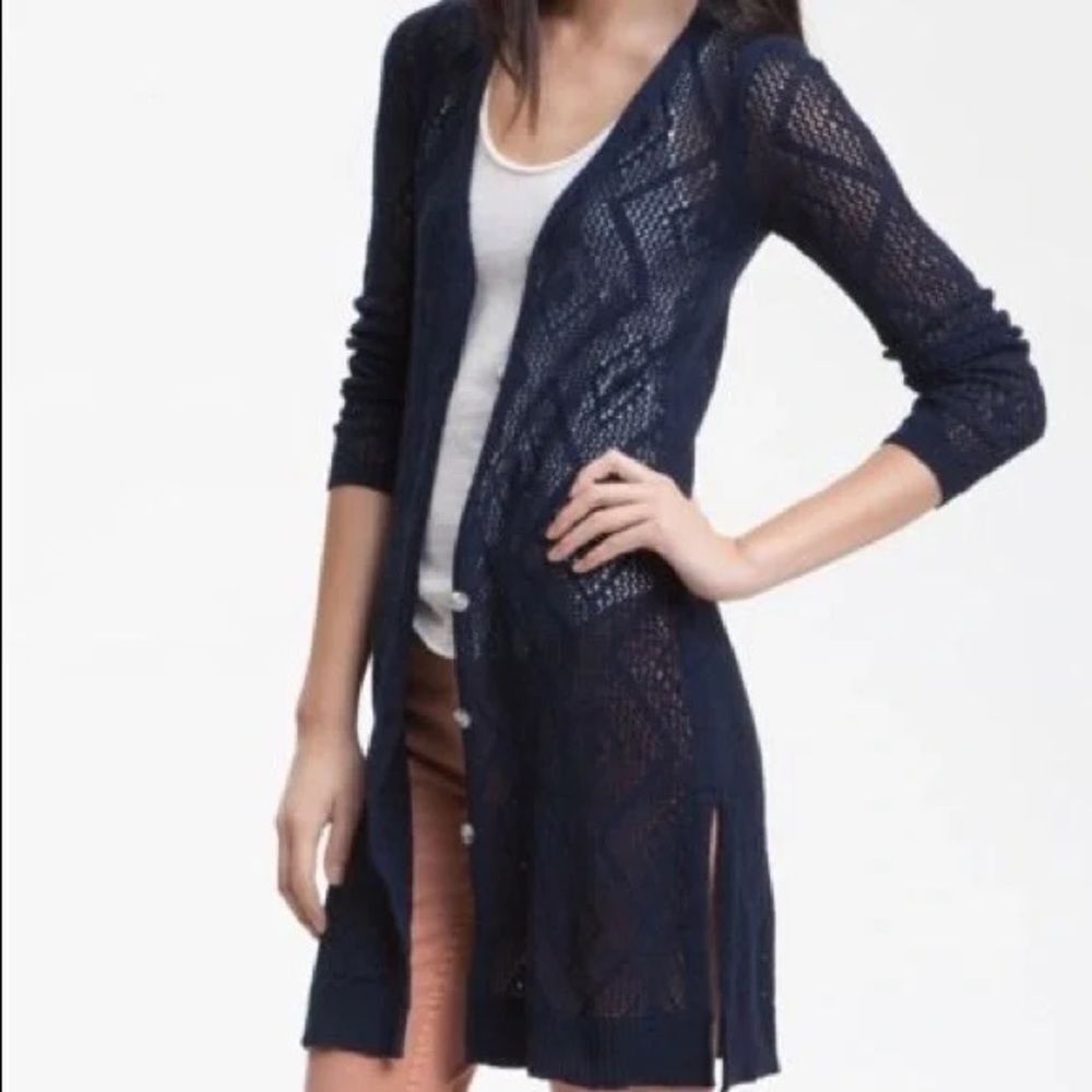 Free People Navy Blue Long Open Knit Cardigan